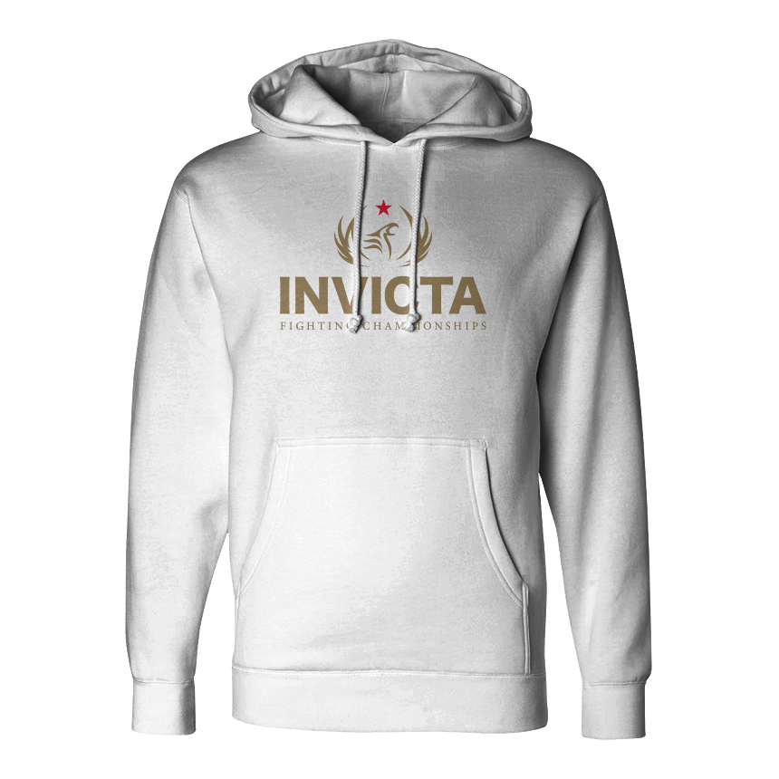 White Invicta Logo Hoodie made from 8-ounce cotton/poly blend fleece, featuring bold gold branding, self-lined hood, and dyed-to-match drawcords.