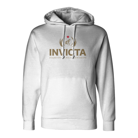 White Invicta Logo Hoodie made from 8-ounce cotton/poly blend fleece, featuring bold gold branding, self-lined hood, and dyed-to-match drawcords.