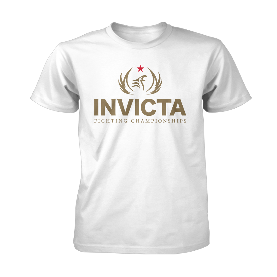 Front view of Invicta Logo Tee - White, featuring bold gold branding on 100% .