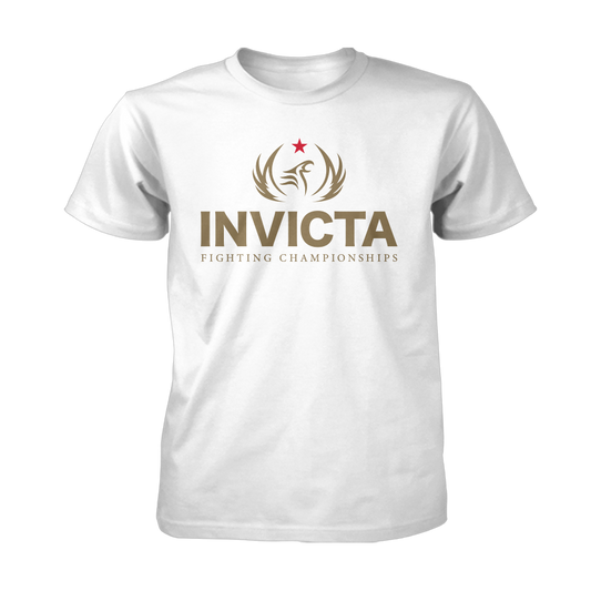 Front view of Invicta Logo Tee - White, featuring bold gold branding on 100% .