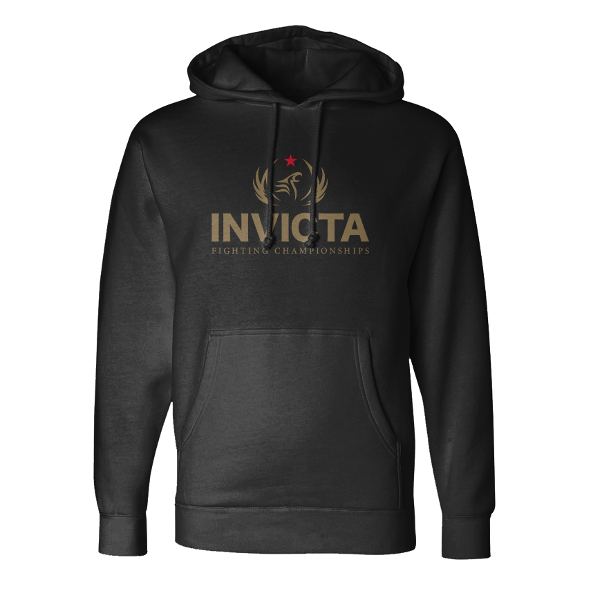 Flat lay of Invicta FC Logo Hoodie - Black, showcasing soft-washed fleece and premium cotton/polyester blend.