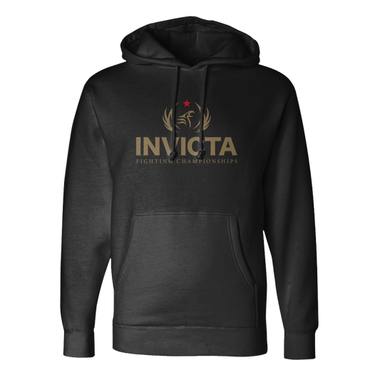 Flat lay of Invicta FC Logo Hoodie - Black, showcasing soft-washed fleece and premium cotton/polyester blend.