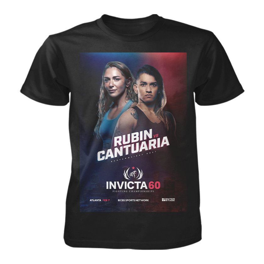 Invicta 60 Fight Match Tee - Black, featuring Rubin vs. Cantuaria fight poster design, 100% cotton fabric, and bold MMA branding