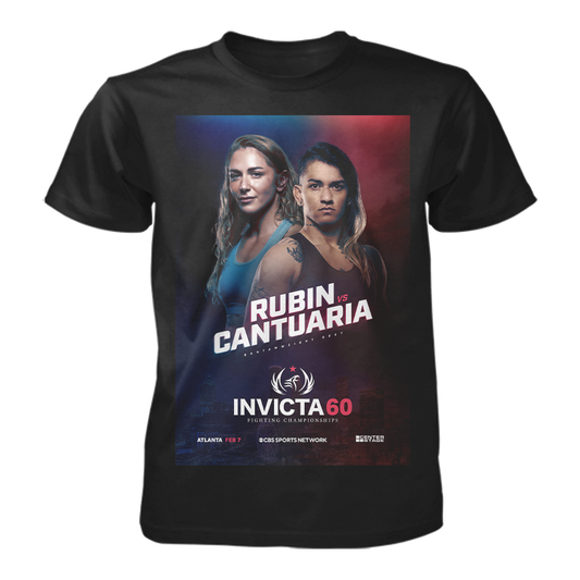 Invicta 60 Fight Match Tee - Black, featuring Rubin vs. Cantuaria fight poster design, 100% cotton fabric, and bold MMA branding