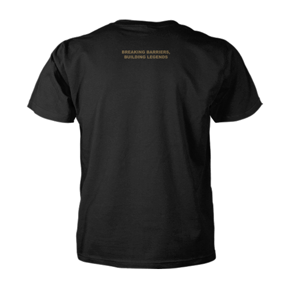 Back view of Invicta Logo Tee - Black with slogan 'Breaking Barriers, Building Legends' in gold text.