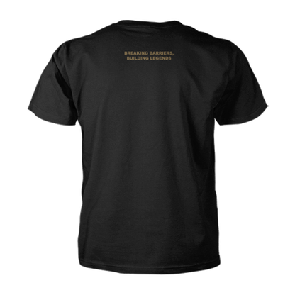 Back view of Invicta Logo Tee - Black with slogan 'Breaking Barriers, Building Legends' in gold text.