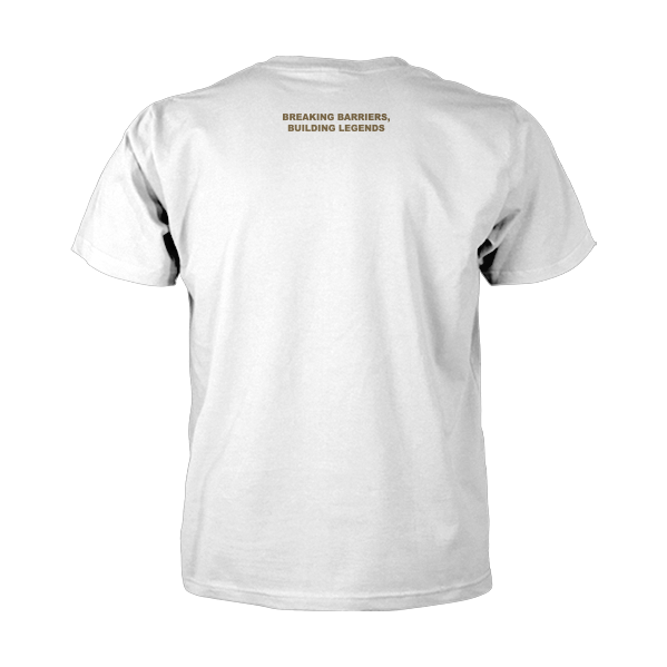 Back view of Invicta Logo Tee - White, with slogan 'Breaking Barriers, Building Legends' in bold gold text