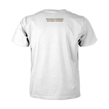 Back view of Invicta Logo Tee - White, with slogan 'Breaking Barriers, Building Legends' in bold gold text